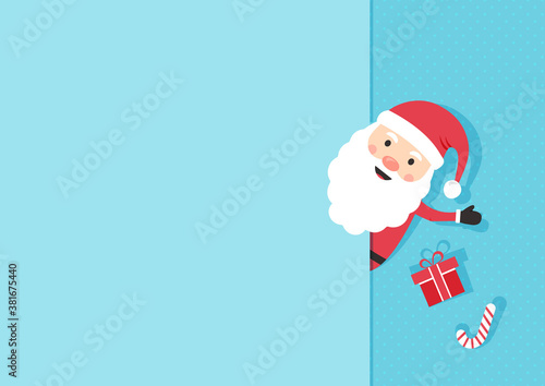 Christmas greeting card. Paper Santa Claus, cute cartoon character on blue polka dot background. Gift box and candy cane. Vector illustration