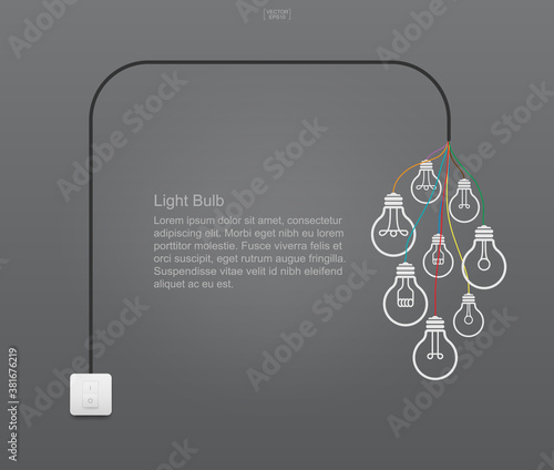 Abstract light bulb symbol and light switch on gray background. Vector.