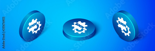 Isometric SMM icon isolated on blue background. Social media marketing, analysis, advertising strategy development. Blue circle button. Vector.