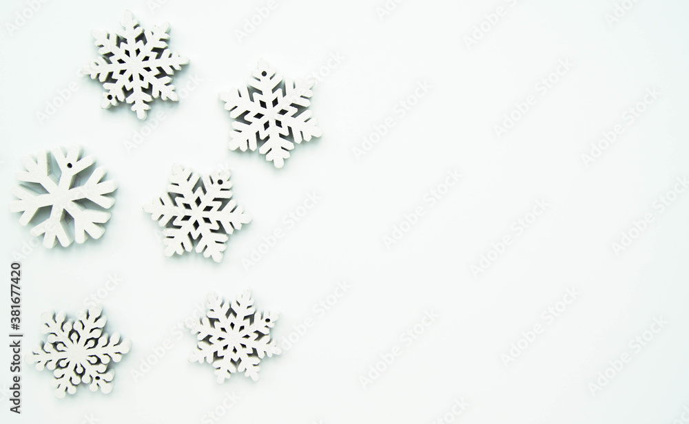 Christmas illustration with white snowflakes on white background