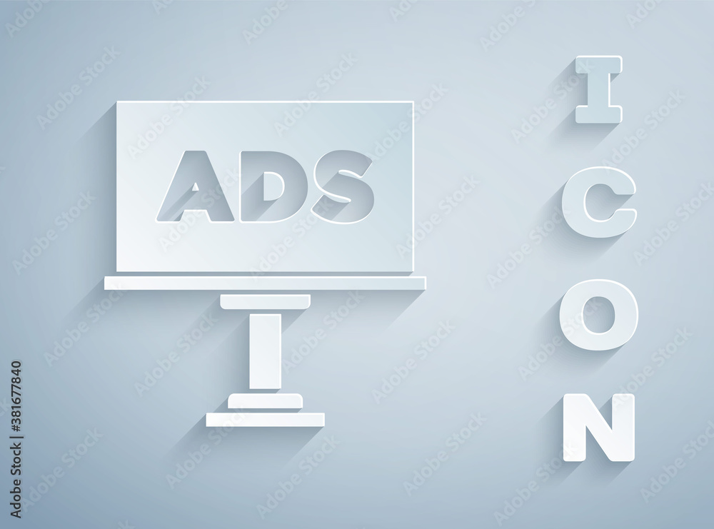 Paper cut Advertising icon isolated on grey background. Concept of marketing and promotion process. Responsive ads. Social media advertising. Paper art style. Vector. Paper cut Advertising icon isolated on grey background. Concept of marketing and promotion process. Responsive ads. Social media advertising. Paper art style. Vector.