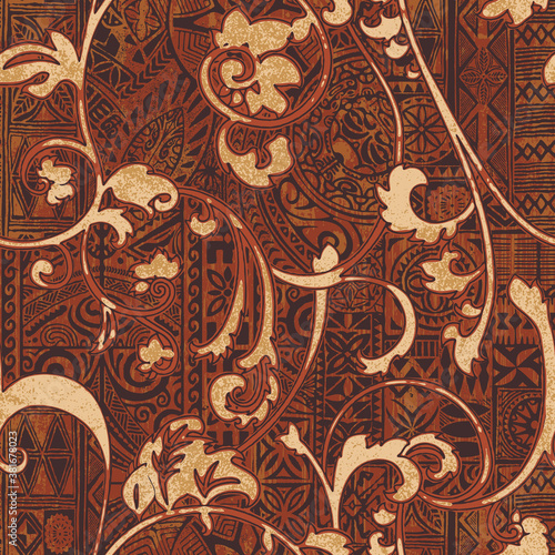 Hawaiian style tribal fabric patchwork vintage vector seamless pattern