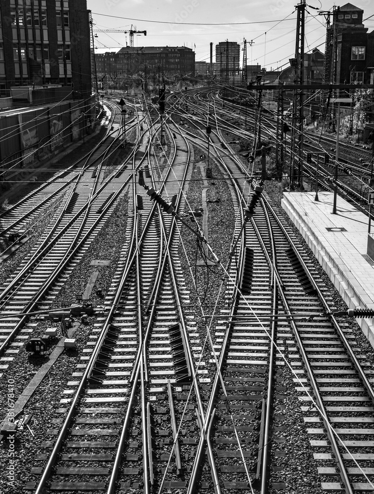 HAMBURG, GERMANY - SEP 15, 2020: Rows of rails in perspective and traditional architecture, Hambug, Germany