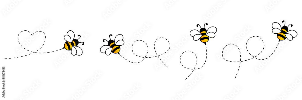 Cartoon bee icon set. Bee flying on a dotted route isolated on the white background. Vector illustration. - obrazy, fototapety, plakaty 