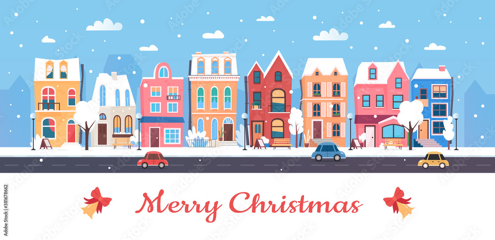Merry Christmas, Happy New Year in winter city vector illustration. Cartoon flat urban wintery snowy cityscape with cute town houses, car on street road and snow trees. Greeting card design background