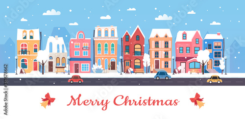 Merry Christmas, Happy New Year in winter city vector illustration. Cartoon flat urban wintery snowy cityscape with cute town houses, car on street road and snow trees. Greeting card design background