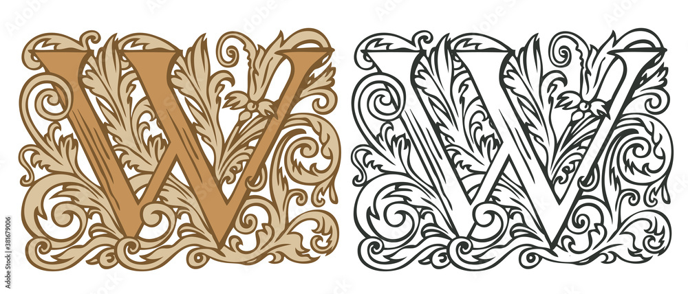 Initial letter W with vintage Baroque decorations. Two vector uppercase ...