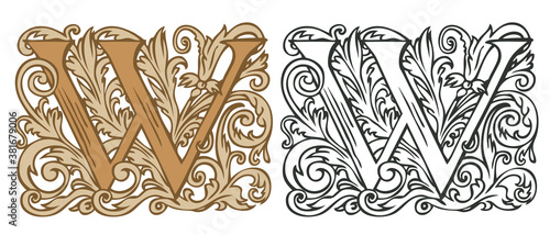 Initial letter W with vintage Baroque decorations. Two vector uppercase letters W in beige and black-white colors. Beautiful filigree capital letter to use for monogram, logo, emblem, card, invitation