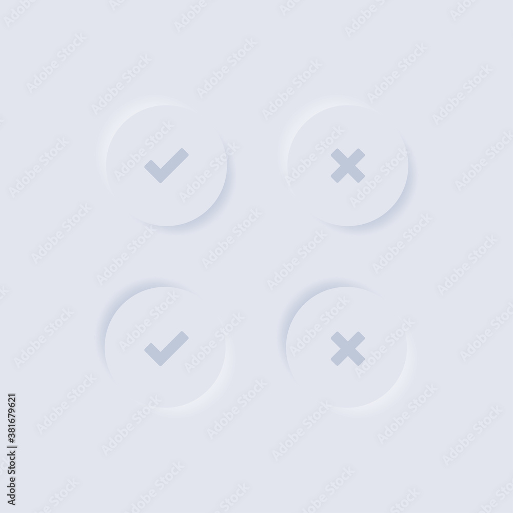 Cross and check mark button in neumorphism app style. Ui minimal design ...