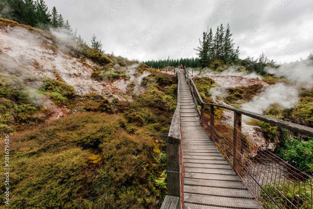 Wooden footbridge with steam in Wairakei Thermal Valley
