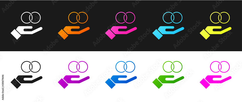 Set Wedding rings icon isolated on black and white background. Bride and groom jewelry sign. Marriage symbol. Diamond ring. Vector. Set Wedding rings icon isolated on black and white background. Bride and groom jewelry sign. Marriage symbol. Diamond ring. Vector.