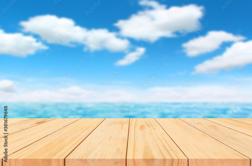 wooden table and sea with blue sky background.