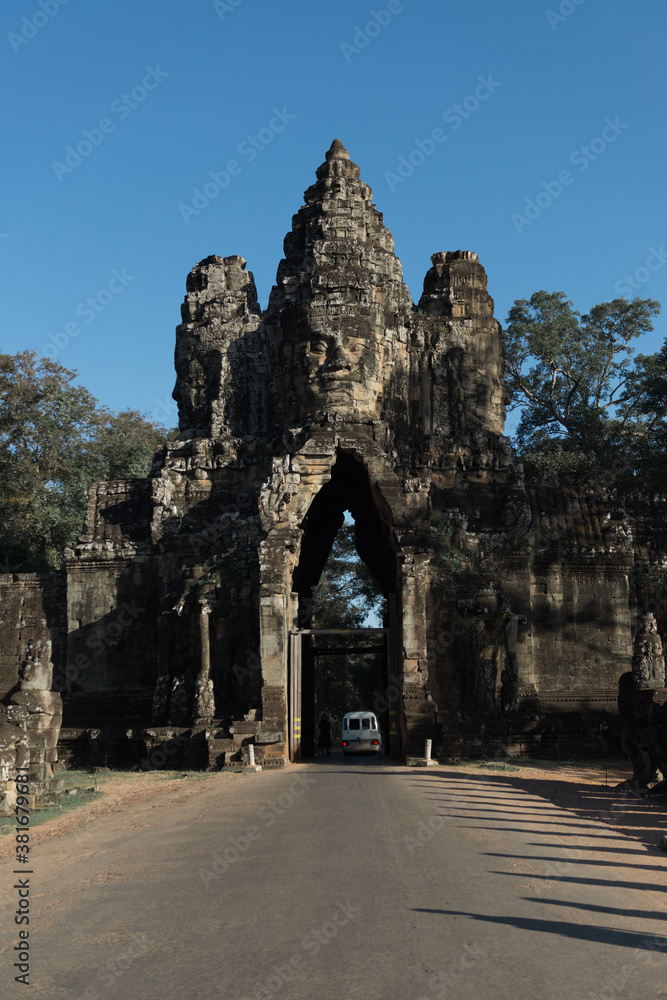 South arch of Angkor Thom on the top is carved on the four faces of the Bodhisattva Avalokiteshvara, Siem Reap, Cambodia.