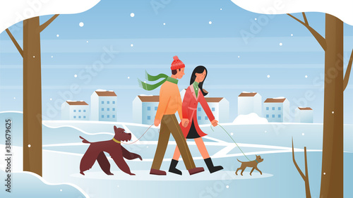 People walk in winter vector illustration. Cartoon flat active couple characters walking with pets dogs in city park wintertime, man woman spending time together in wintery snowy cityscape background