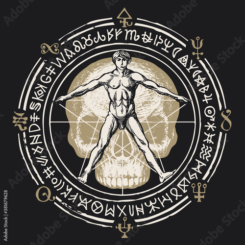 Illustration with a human figure like Vitruvian man by Leonardo Da Vinci, skull and magical symbols. Hand-drawn banner with cryptic signs written in a circle in retro style on a black background