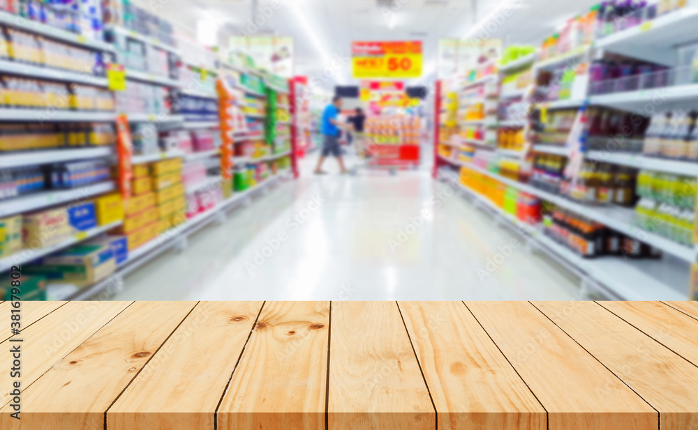 Wood floor and Supermarket blur background, Product display, template,