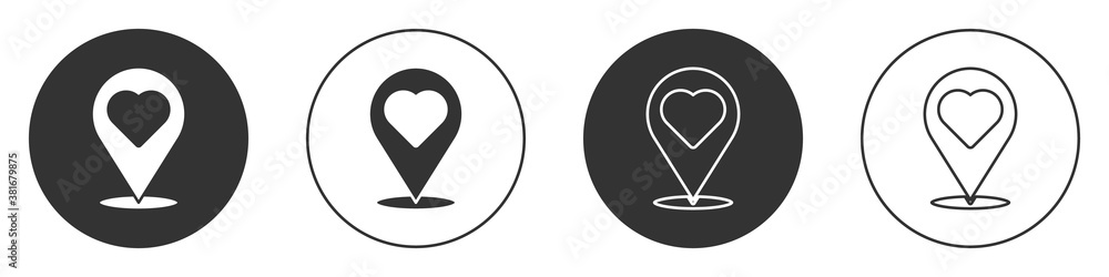 Black Map pointer with heart icon isolated on white background. Valentines day. Love location. Romantic map pin. Circle button. Vector. Black Map pointer with heart icon isolated on white background. Valentines day. Love location. Romantic map pin. Circle button. Vector.
