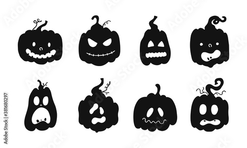 Happy Halloween. Set of scary carved pumpkin cartoons with funny faces. Vector illustration.