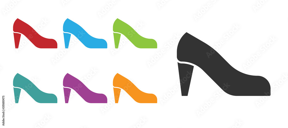 Black Woman shoe with high heel icon isolated on white background. Set icons colorful. Vector. Black Woman shoe with high heel icon isolated on white background. Set icons colorful. Vector.