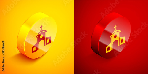 Isometric Church building icon isolated on orange and red background. Christian Church. Religion of church. Circle button. Vector.