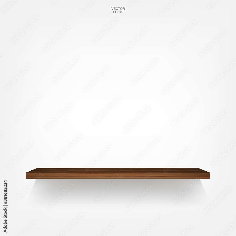 Empty wooden shelf on white background with soft shadow. Vector.