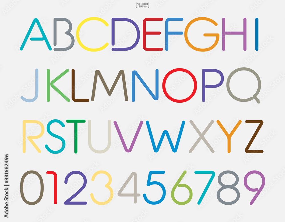 Colorful stylized alphabet letters and numbers. Stylish typeface design. Vector.