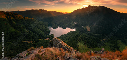 Look at Endara dam and the Aiako Harriak three peaks at the natural park; on the Basque Country.