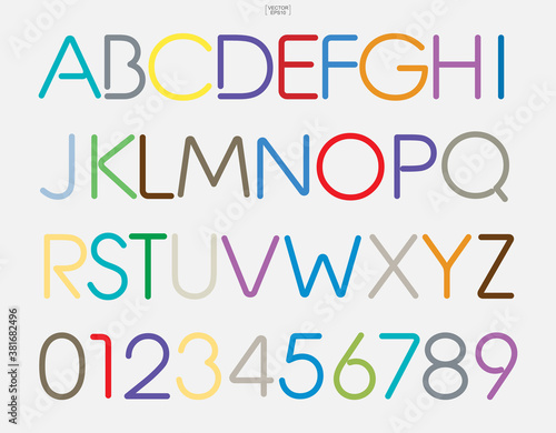 Colorful stylized alphabet letters and numbers. Stylish typeface design. Vector.