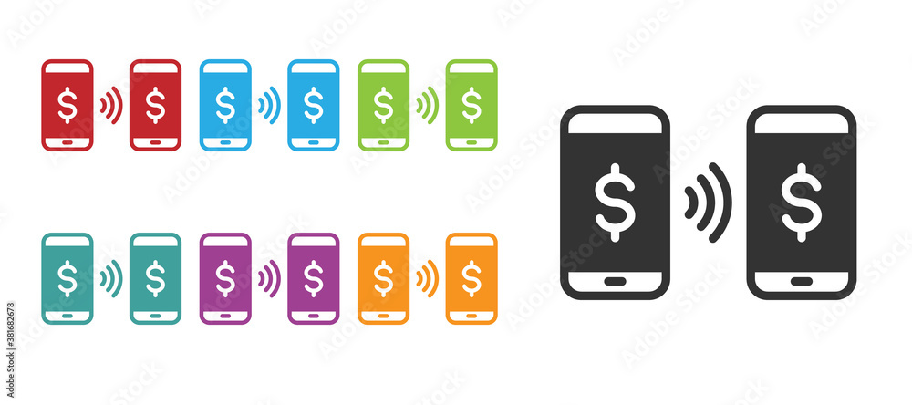Black Money payment transfer in mobile icon isolated on white background. Concept of fast pay by purchase. Sending and receiving money. Set icons colorful. Vector. Black Money payment transfer in mobile icon isolated on white background. Concept of fast pay by purchase. Sending and receiving money. Set icons colorful. Vector.