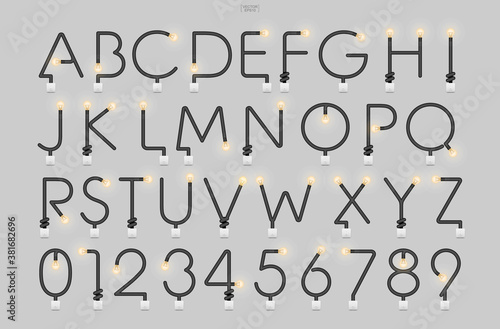 Alphabet letters and numbers in loft style. Abstract alphabet of light bulb and light switch on concrete wall background. Vector.