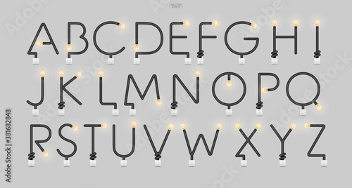 Alphabet letters and numbers in loft style. Abstract alphabet of light bulb and light switch on concrete wall background. Vector.