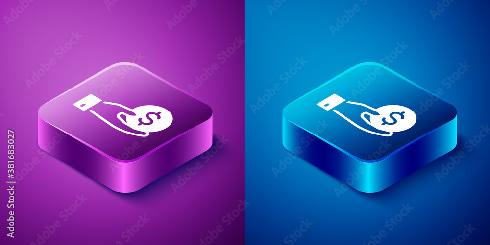 Isometric Human hand giving money icon isolated on blue and purple background. Receiving money icon. Square button. Vector. Isometric Human hand giving money icon isolated on blue and purple background. Receiving money icon. Square button. Vector.