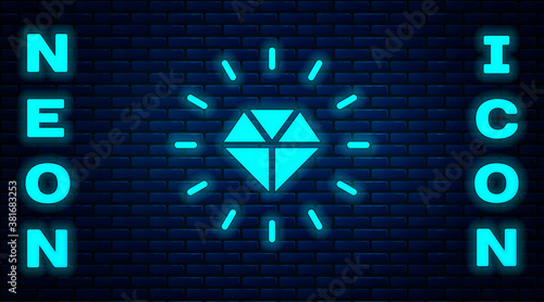 Glowing neon Diamond icon isolated on brick wall background. Jewelry symbol. Gem stone. Vector.