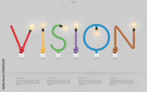 "VISION" Abstract linear alphabet of light bulb and light switch on gray background. Lamp and switch with area for infographic and text. Vector.