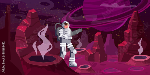 Astronaut exploring alien planet. Cosmonaut scientific traveler character on a rocky surface in far galaxy