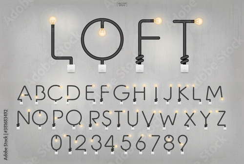 Alphabet letters and numbers in loft style. Abstract alphabet of light bulb and light switch on concrete wall background. Vector.