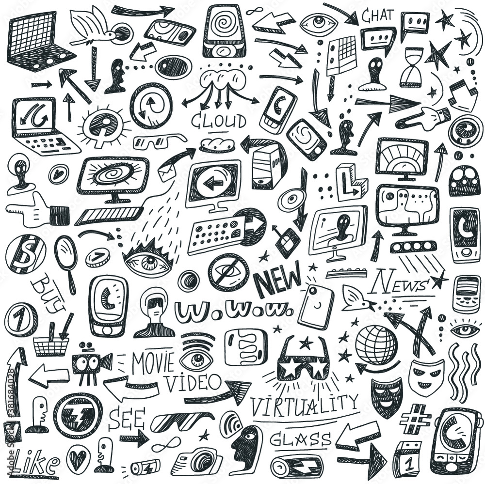 web,social media, devices - doodles set web,social media, devices - doodles set