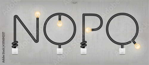 N,O,P,Q - Set of loft alphabet letters. Abstract alphabet of light bulb and light switch on concrete wall background. Vector.