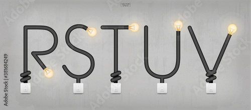 R,S,T,U,V - Set of loft alphabet letters. Abstract alphabet of light bulb and light switch on concrete wall background. Vector.