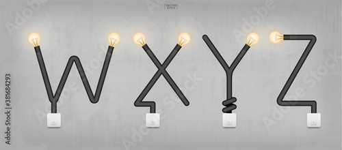 W,X,Y,Z - Set of loft alphabet letters. Abstract alphabet of light bulb and light switch on concrete wall background. Vector.