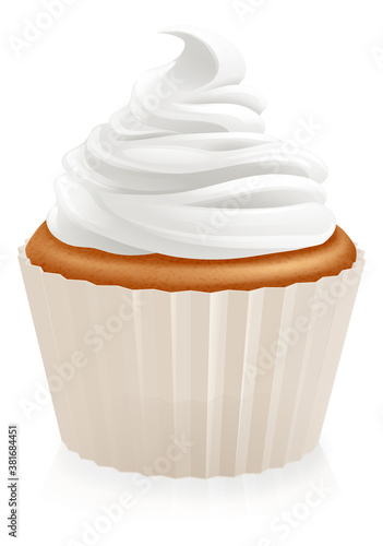 A cupcake or fairy cake cream muffin with whipped icing frosting