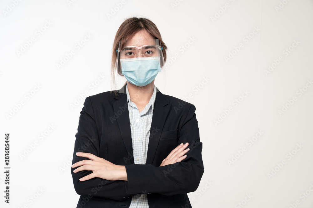 Businesswoman with face mask and Face shield Woman wearing protective mask. Corona virus protection. Businesswoman with face mask and Face shield Woman wearing protective mask. Corona virus protection.