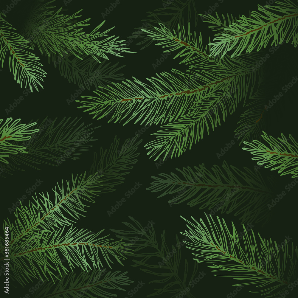 Christmas and New Year Abstract Vector Greeting Card or Poster Template Deep Shadow Background with Fir-needle Spruce or Pine Branches Illustrations. Winter Holidays Wallpaper, Backdrop or Decoration