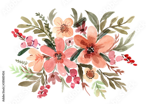 Watercolor Floral Bouquet Terracotta Brown and Red Vector