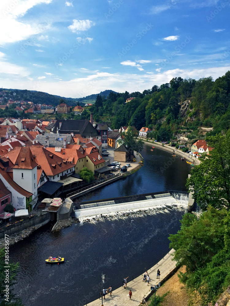 view of the town of cesky krumlov from a hill, in Czech Republic