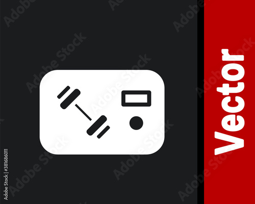 White Fitness club, gym card icon isolated on black background. Vector.