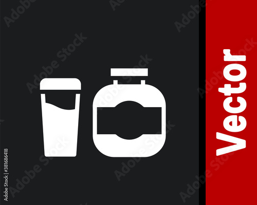 White Sports nutrition bodybuilding proteine power drink and food icon isolated on black background. Vector.
