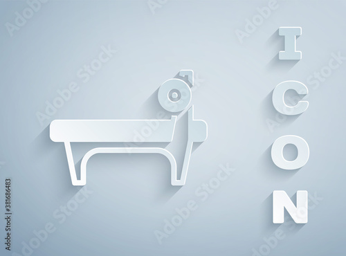 Paper cut Bench with barbel icon isolated on grey background. Gym equipment. Bodybuilding, powerlifting, fitness concept. Paper art style. Vector.