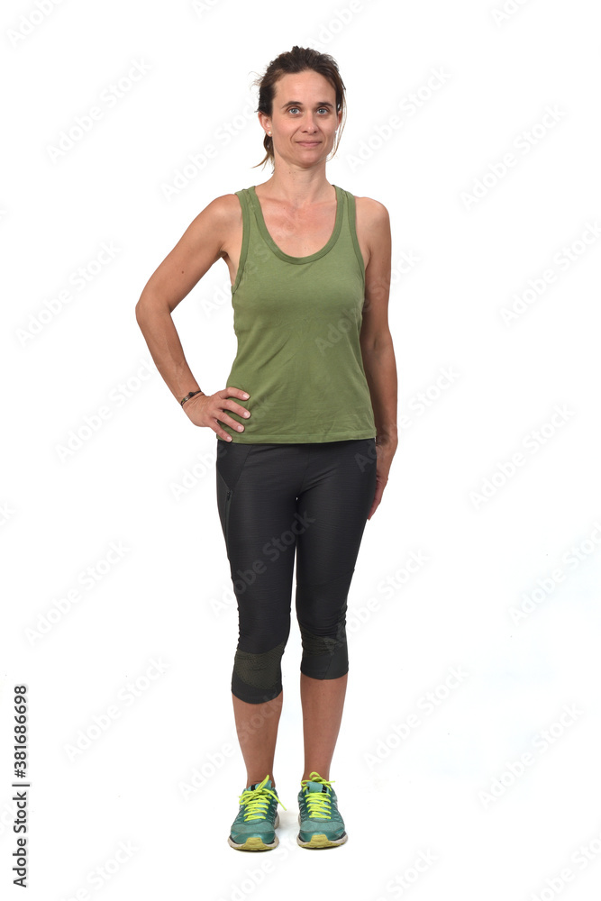 front view of woman with sportswear on white background, front view of woman with sportswear on white background,