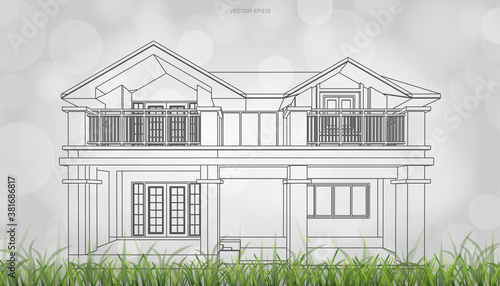 Conceptual image of house perspective render. 3D wireframe rendering with light blurred bokeh background. Vector.